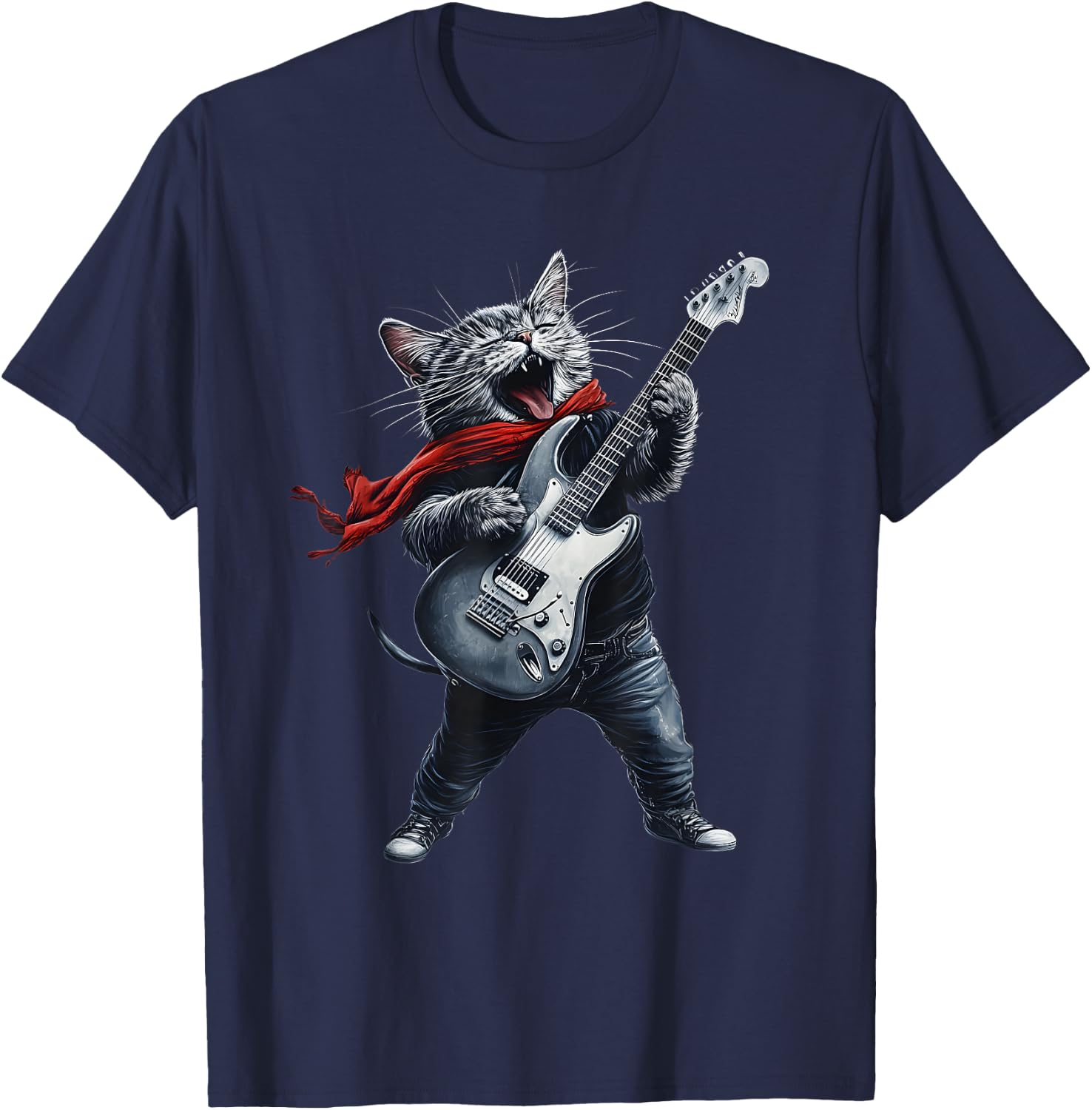 Rock Cat Owner With Electric Guitar Cats Music Lover T-Shirt - T-Shirt | Navy