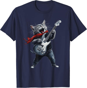 Rock Cat Owner With Electric Guitar Cats Music Lover T-Shirt - T-Shirt | Navy