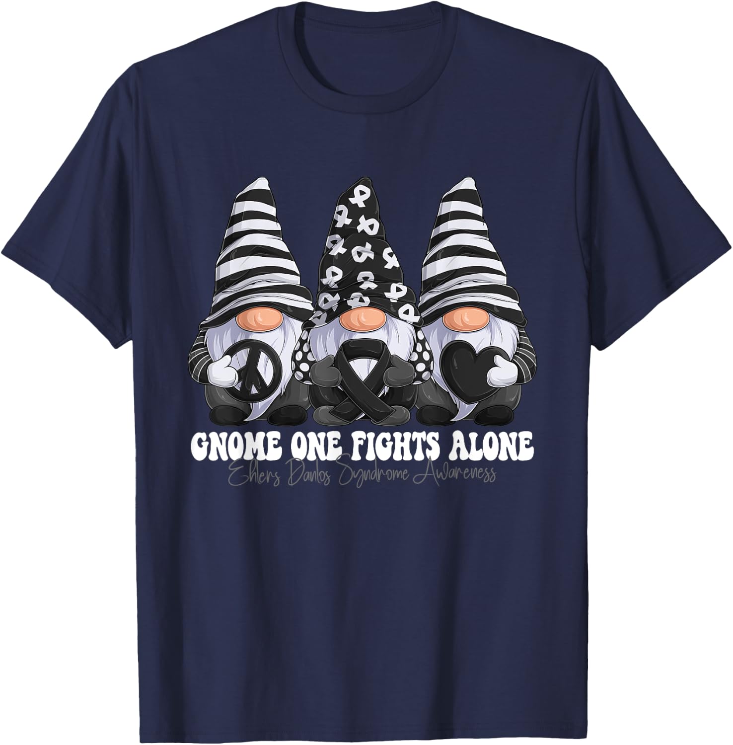 Ehlers Danlos Syndrome Awareness Month Zebra Ribbon Gnomies T-Shirt - T-Shirt | Navy