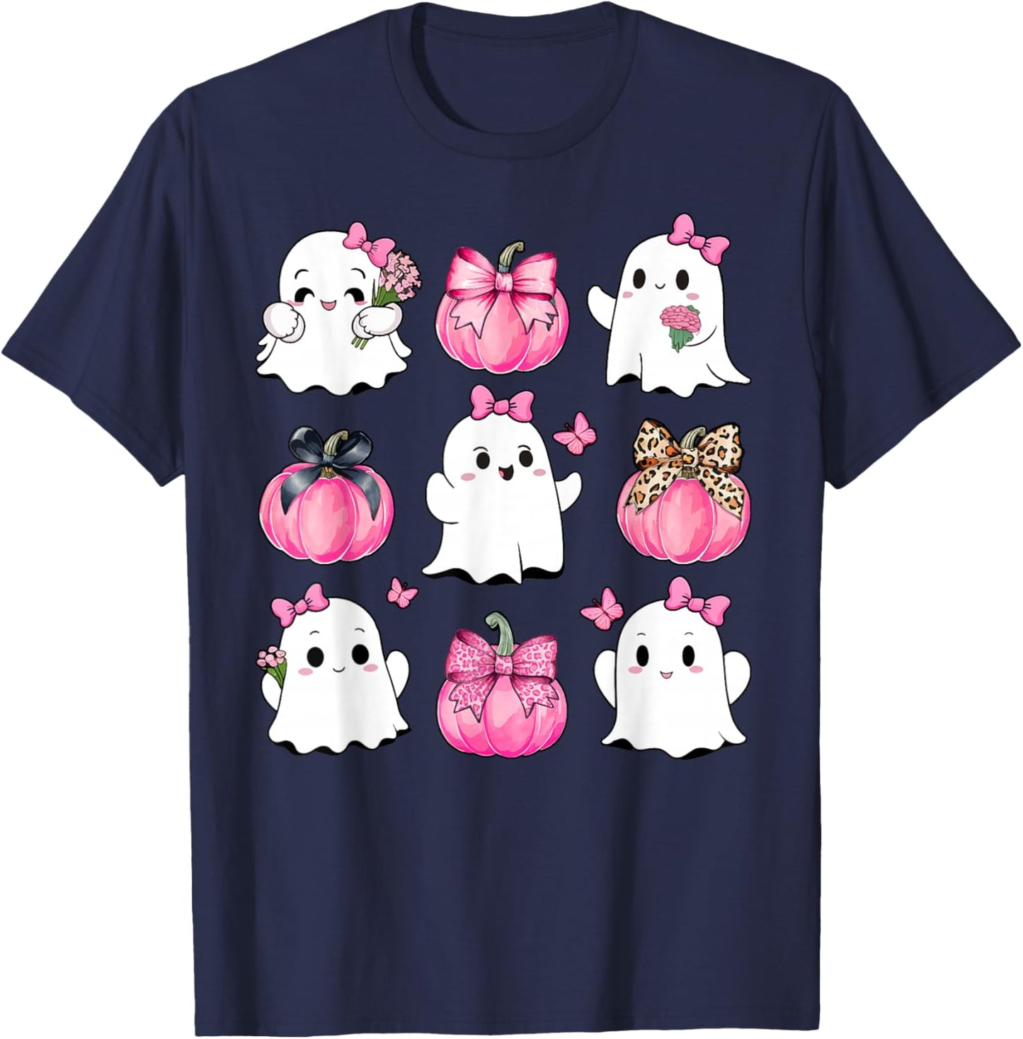 Cute Ghost Florals Pink Coquette Bows Pumpkins Halloween T-Shirt - T-Shirt | Navy