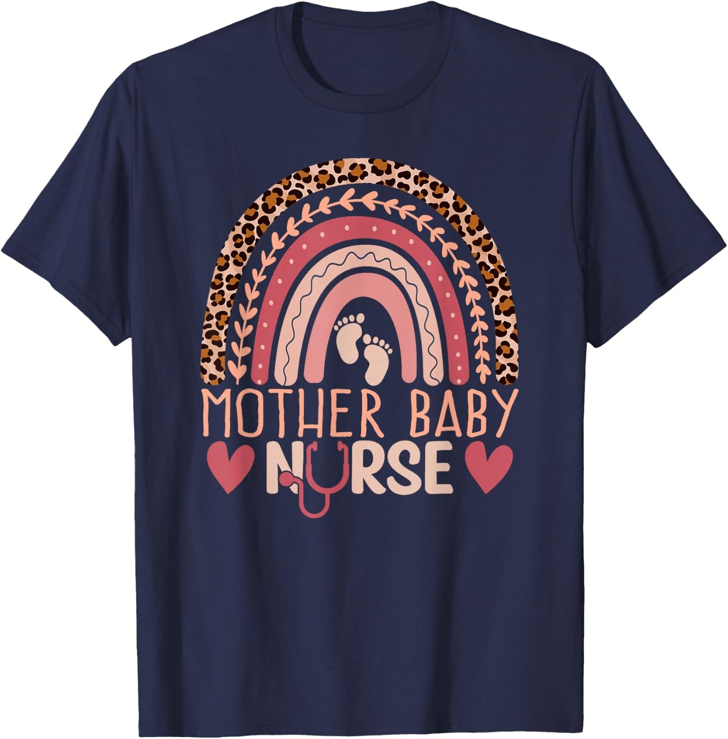 Mother Baby Nurse Rainbow Leopard Postpartum Nursing Student T-Shirt - T-Shirt | Navy