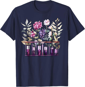 Chemistry Lab Science Flower Teacher Floral Beakers T-Shirt - T-Shirt | Navy