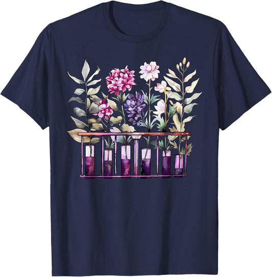 Chemistry Lab Science Flower Teacher Floral Beakers T-Shirt - T-Shirt | Navy