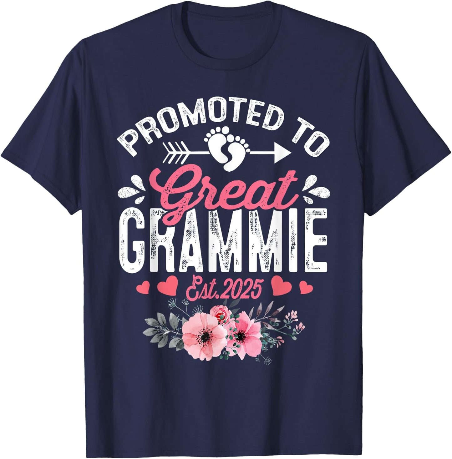 Promoted To Great Grammie Est 2025 First Time Grammie Floral T-Shirt - T-Shirt | Navy