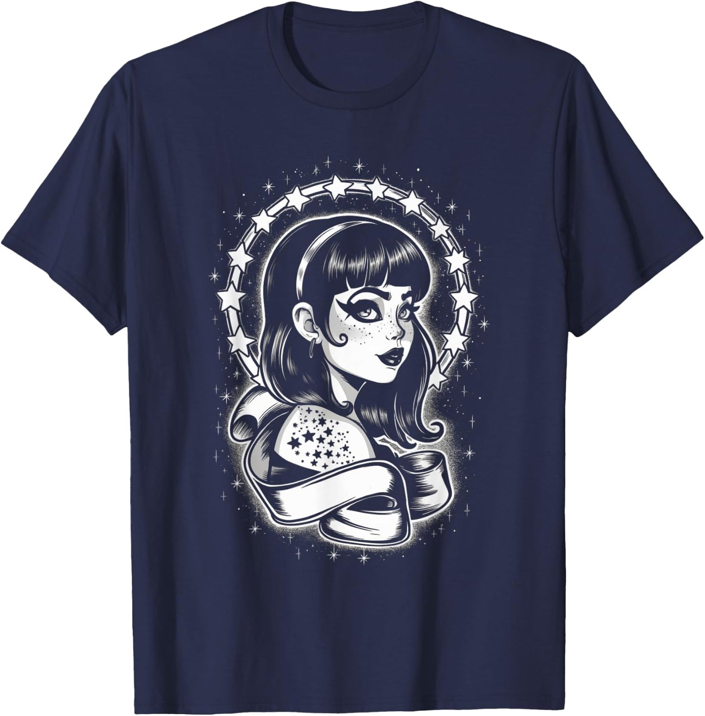 Vintage Tattoo Goth Girl Starry Retro T-Shirt - T-Shirt | Navy