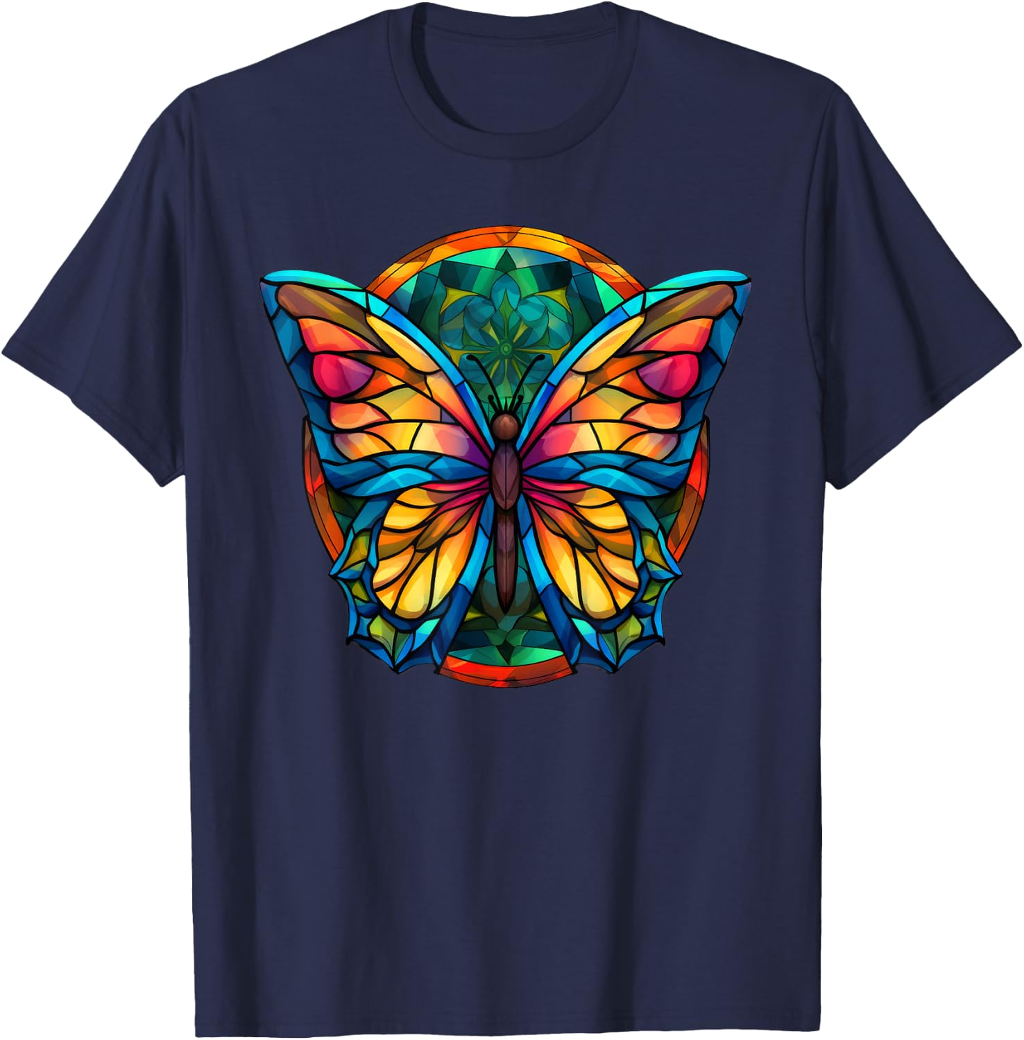 Stained Glass Window Butterfly Art T-Shirt - T-Shirt | Navy