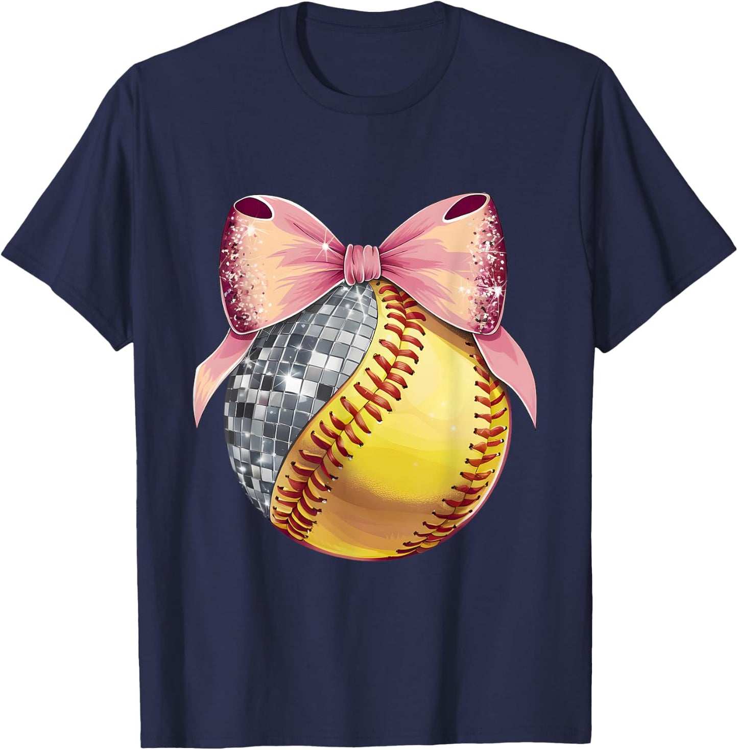 Cute Coquette Bow Disco Ball Softball Player Game Day Mom T-Shirt - T-Shirt | Navy
