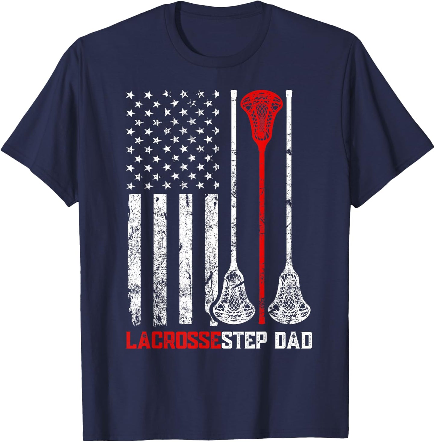 Vintage Lacrosse Step Dad USA Flag Patriotic Family Matching T-Shirt - T-Shirt | Navy