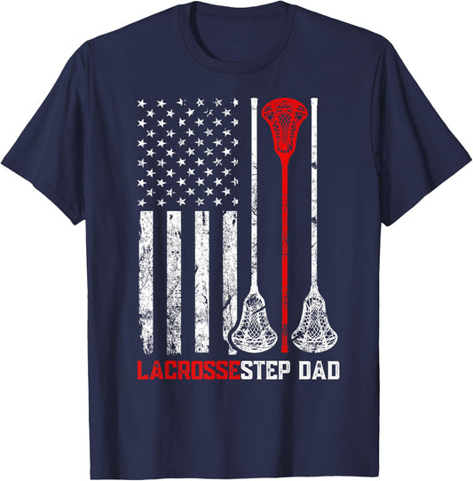 Vintage Lacrosse Step Dad USA Flag Patriotic Family Matching T-Shirt - T-Shirt | Navy