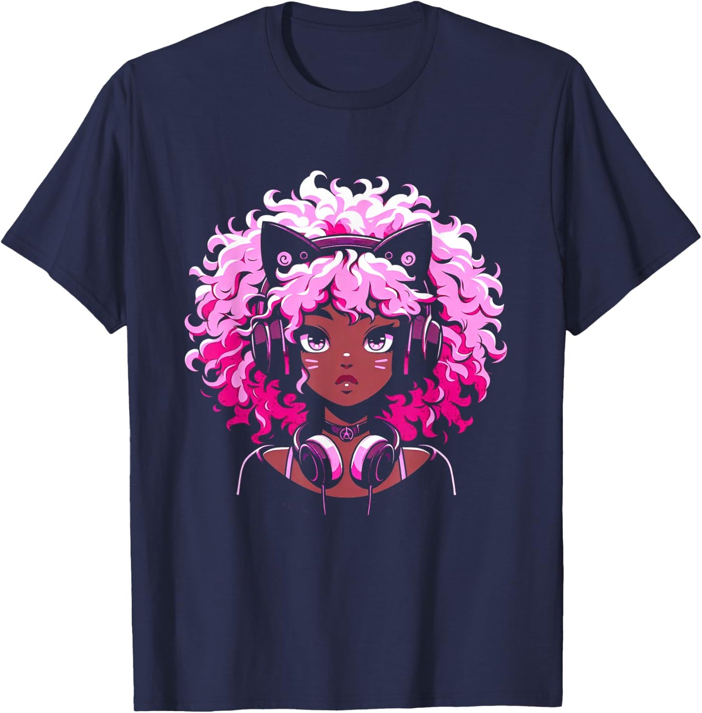 Anime and Music Black Girl Anime Merch Afro African American T-Shirt - T-Shirt | Navy