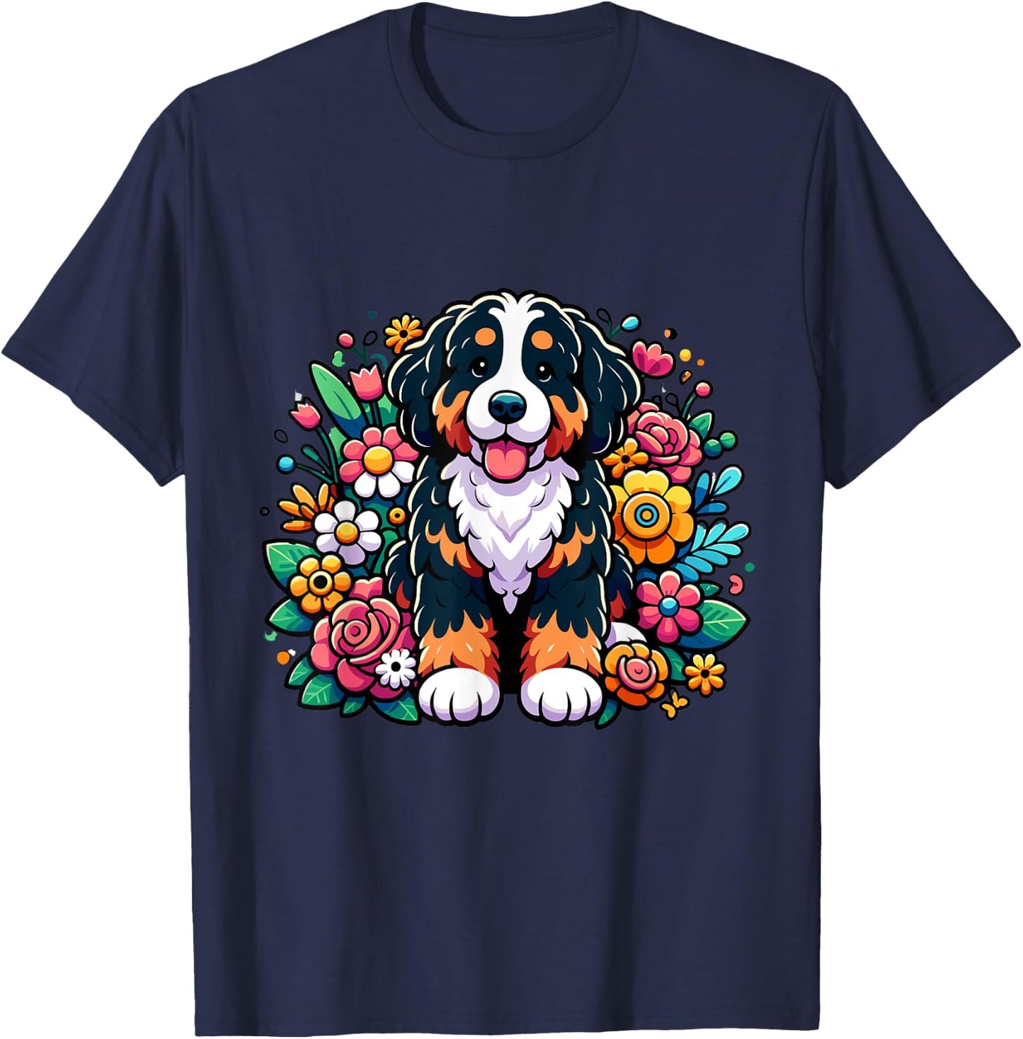 Cute Cartoon Style Bernedoodle Colorful Flower Floral T-Shirt - T-Shirt | Navy