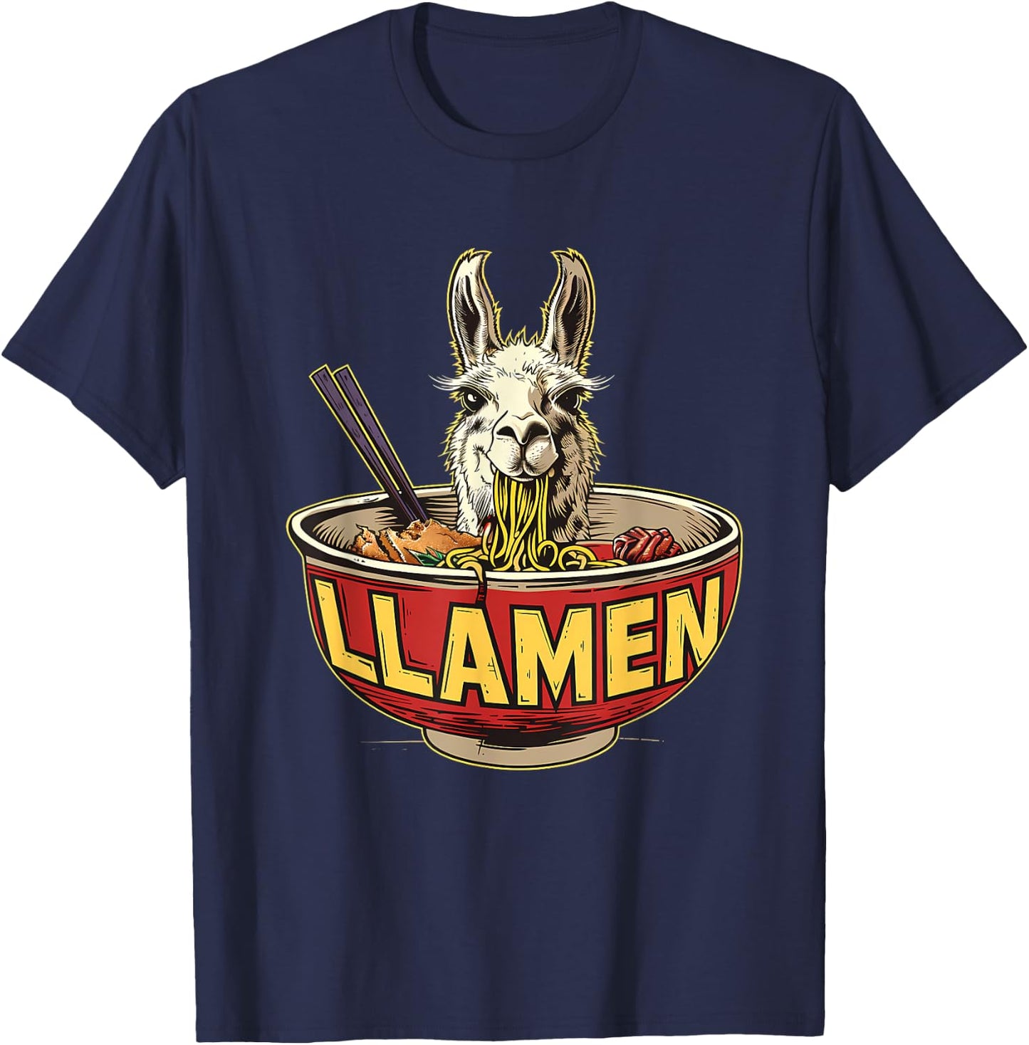 Llama Ramen Llama Ramen Bowl Funny Llama Eating Ramen T-Shirt - T-Shirt | Navy