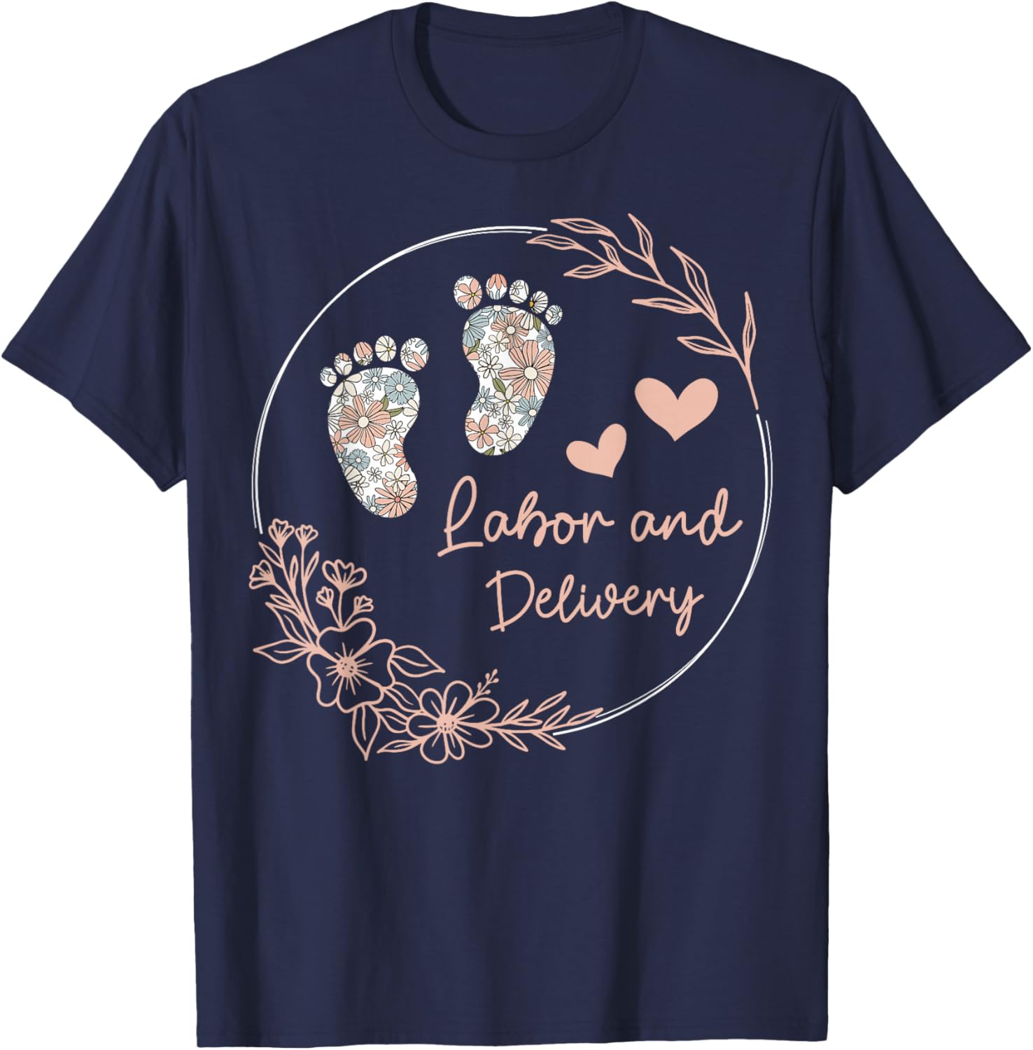 Funny Labor and Delivery Nurse Co - Women's Retro Floral Nursing Shirt - Black, Small - Short Sleeve T-Shirt - T-Shirt | Navy