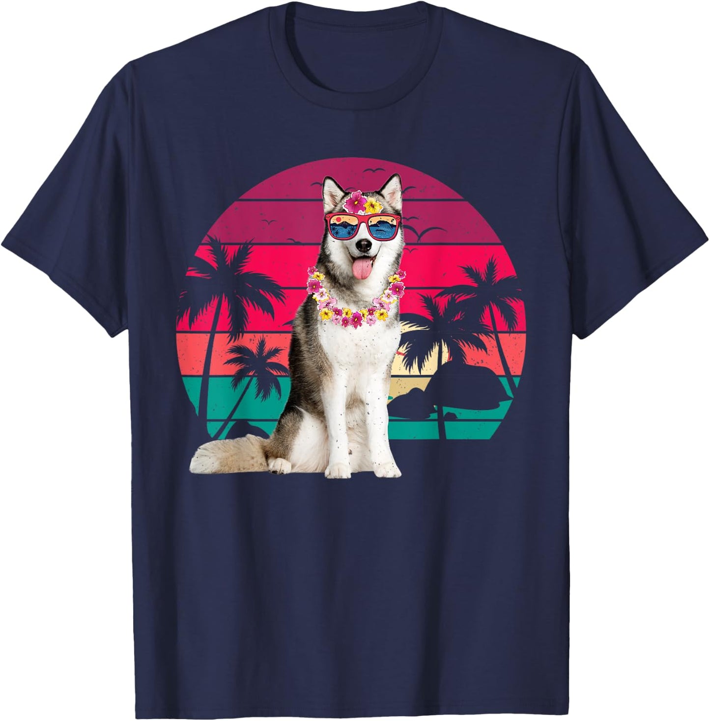 Retro Hawaiian Husky Dog Tropical Palm Trees Summer Vibes Women Kids T-Shirt - T-Shirt | Navy