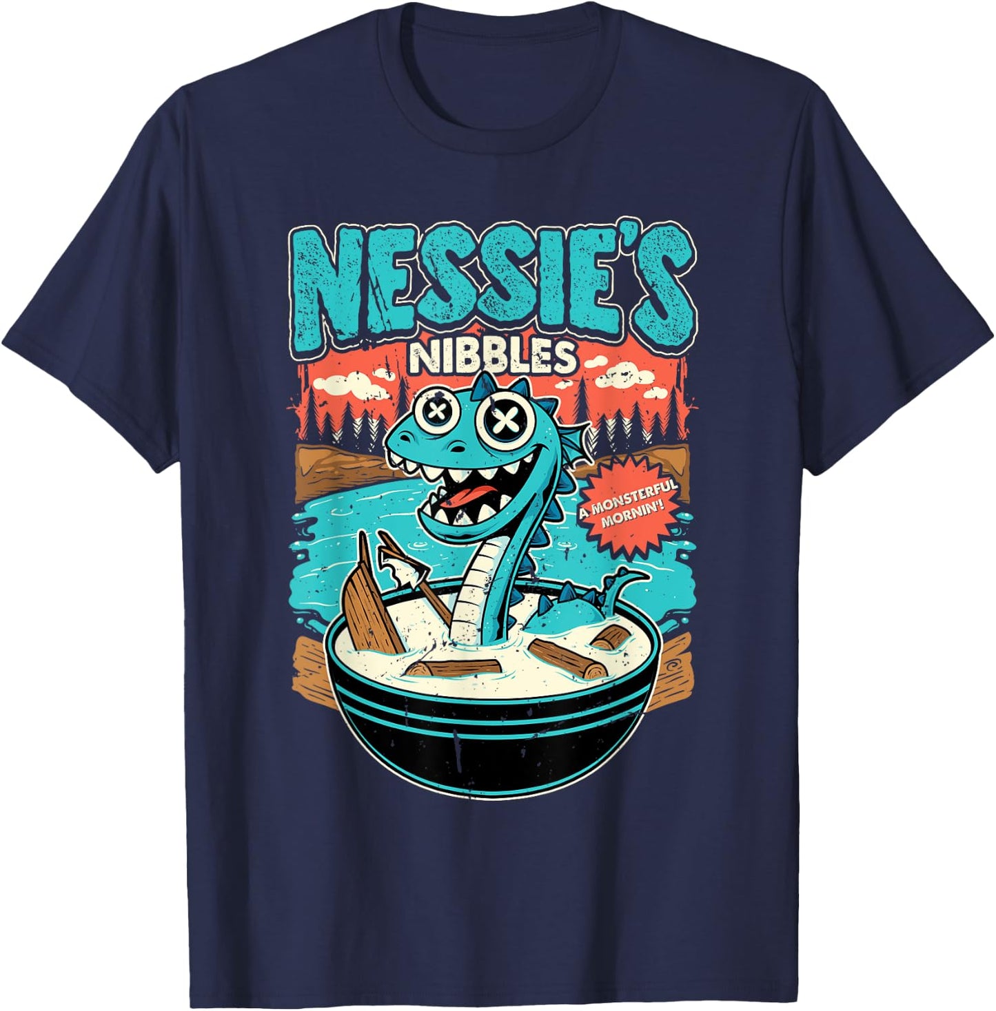 Nessie’s Nibbles Cereal Design Loch Ness Monster Parody T-Shirt - T-Shirt | Navy