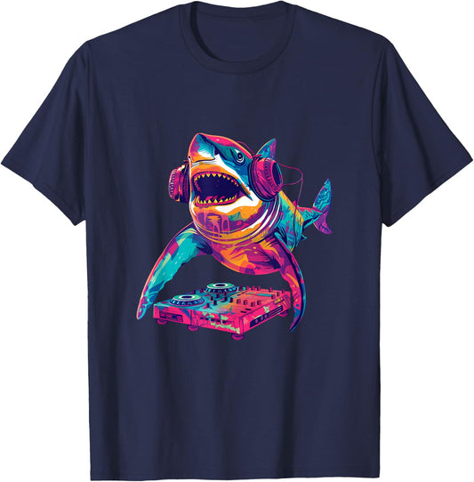 Party Shark Disco DJ with headphones turntable artwork T-Shirt - T-Shirt | Navy