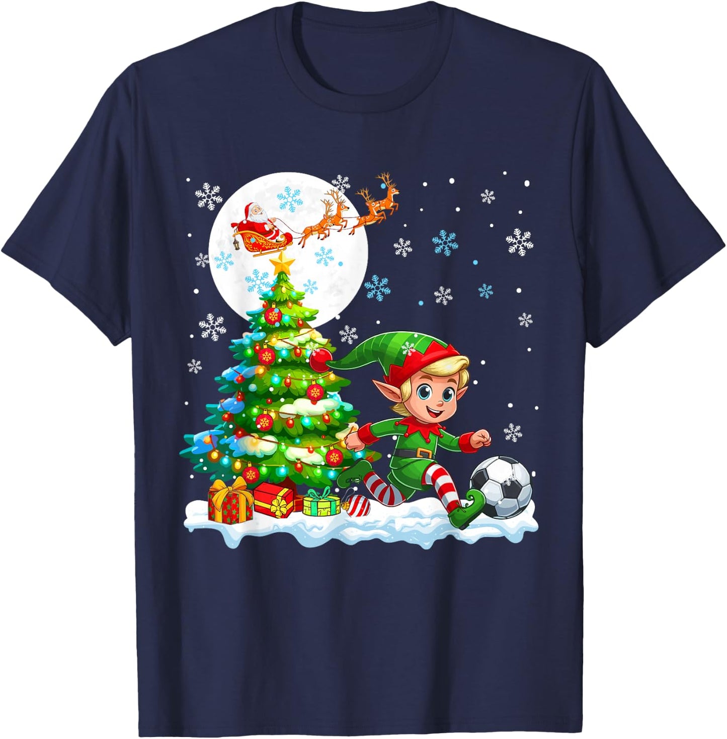 Elf Playing Soccer Christmas Tree Colorful Costume Player T-Shirt - T-Shirt | Navy