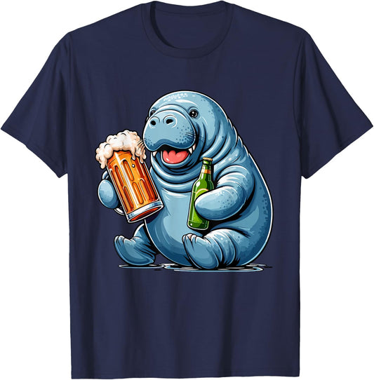 Manatee Drinking Beer Oktoberfest Holiday German Funny Party T-Shirt - T-Shirt | Navy