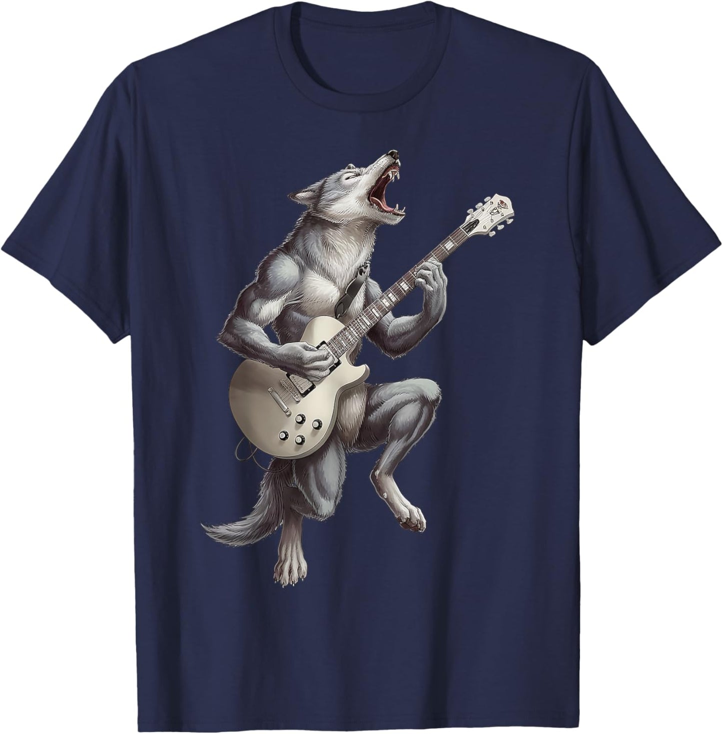 Wolf Playing Guitar Rock Star Funny Gifts Women Kids T-Shirt - T-Shirt | Navy