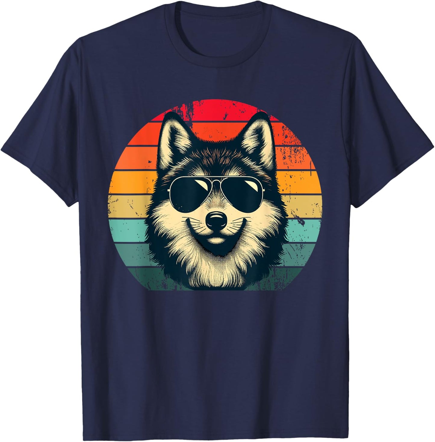 Cool Retro Wolf in Sunglasses 70s 80s 90s Novelty Funny Wolf T-Shirt - T-Shirt | Navy