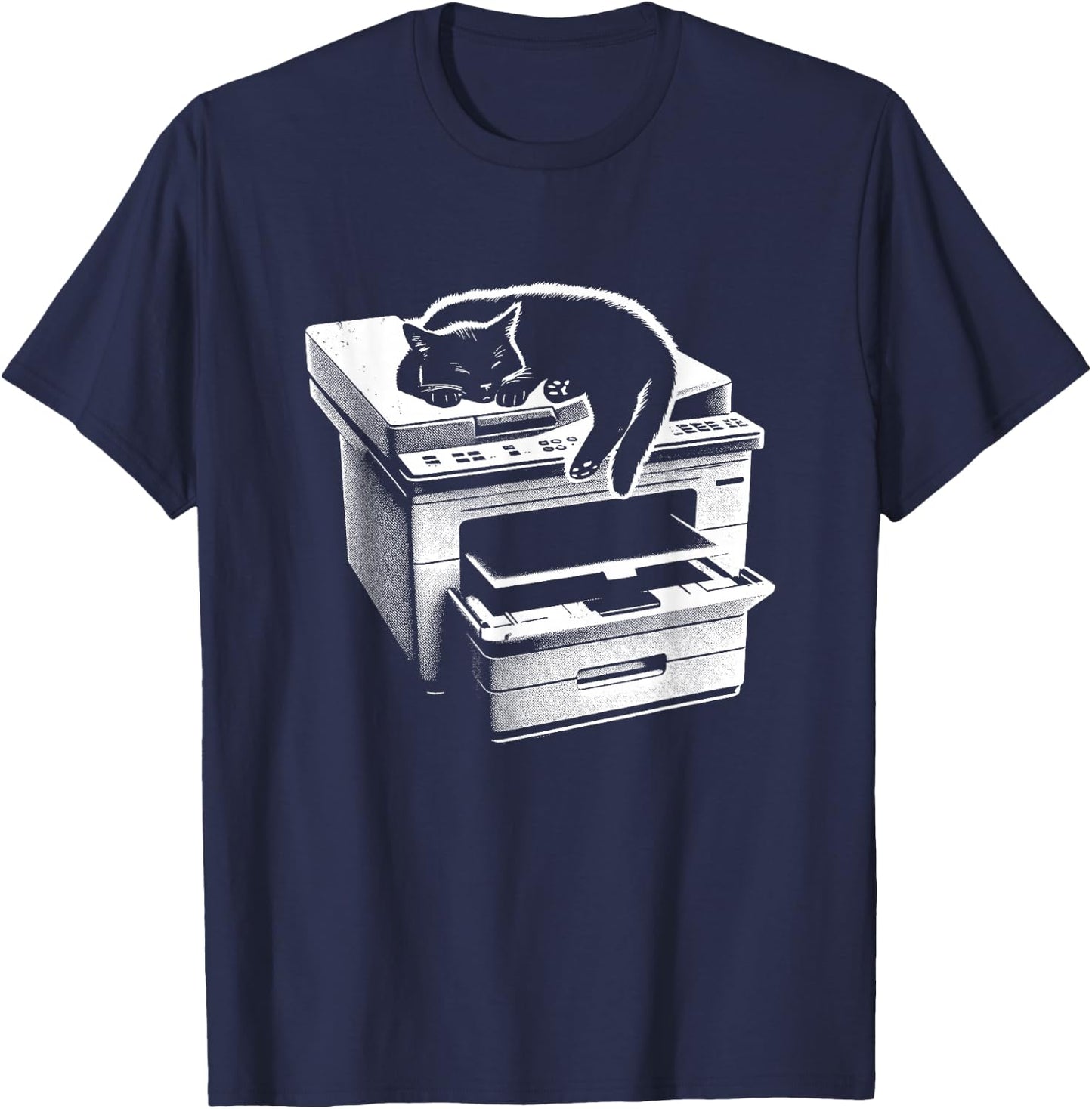 Office Cat Sleeping On Printer - Cute Cat Kitten Lover T-Shirt - T-Shirt | Navy