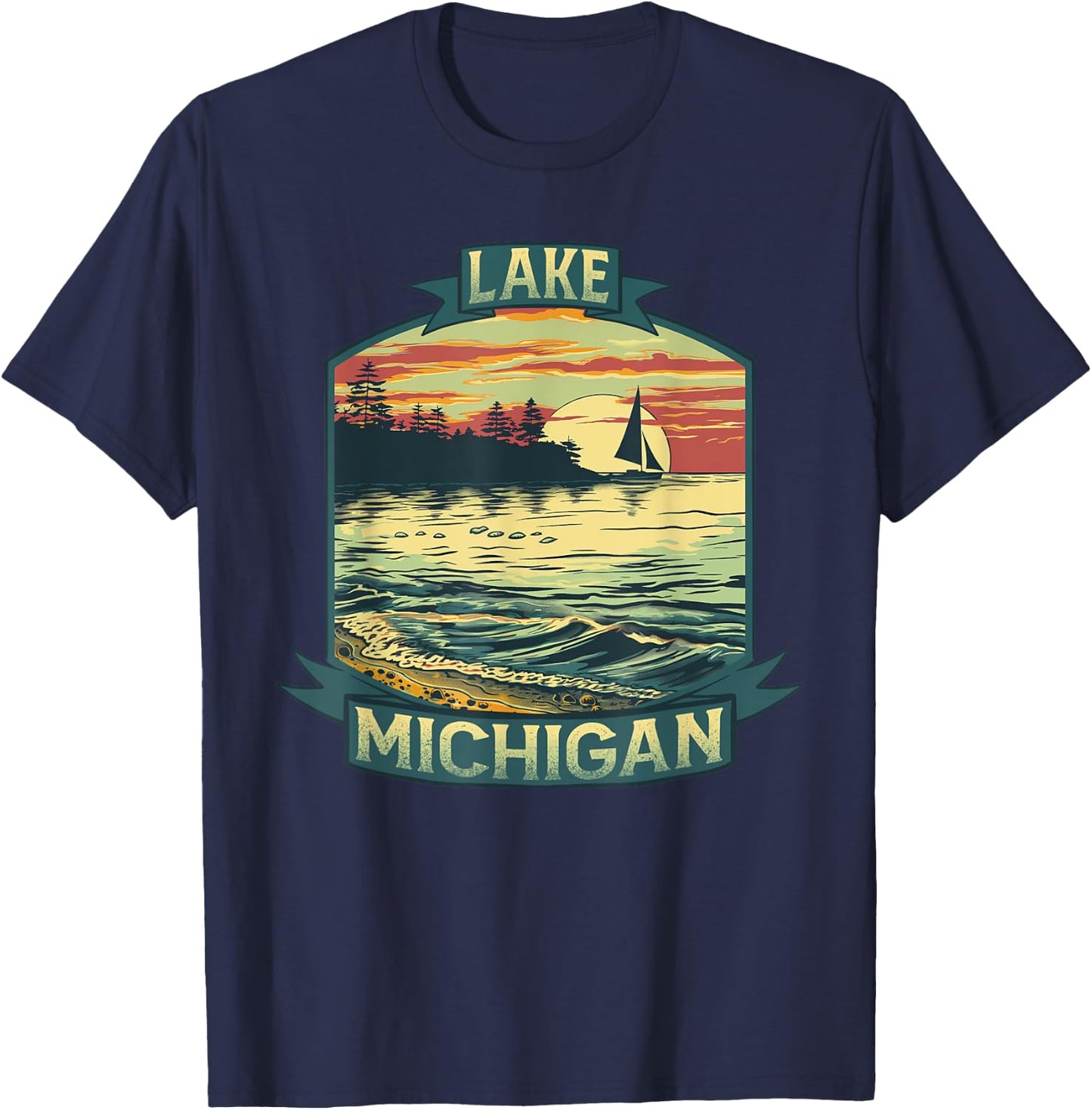 Lake Michigan USA Unsalted Shark Free Vintage Outdoors Retro T-Shirt - T-Shirt | Navy