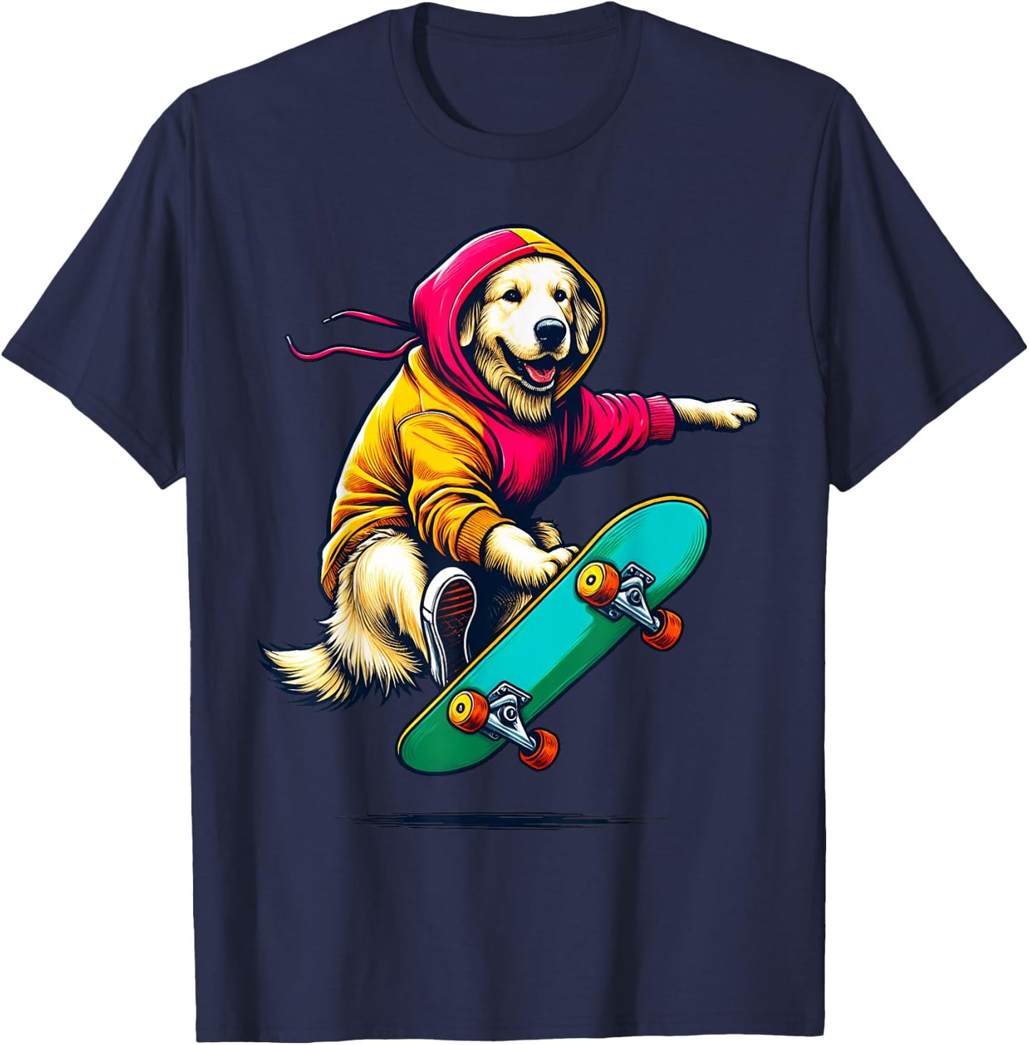 Cool Golden Retriever Dog Skateboarding Illustration Art T-Shirt - T-Shirt | Navy