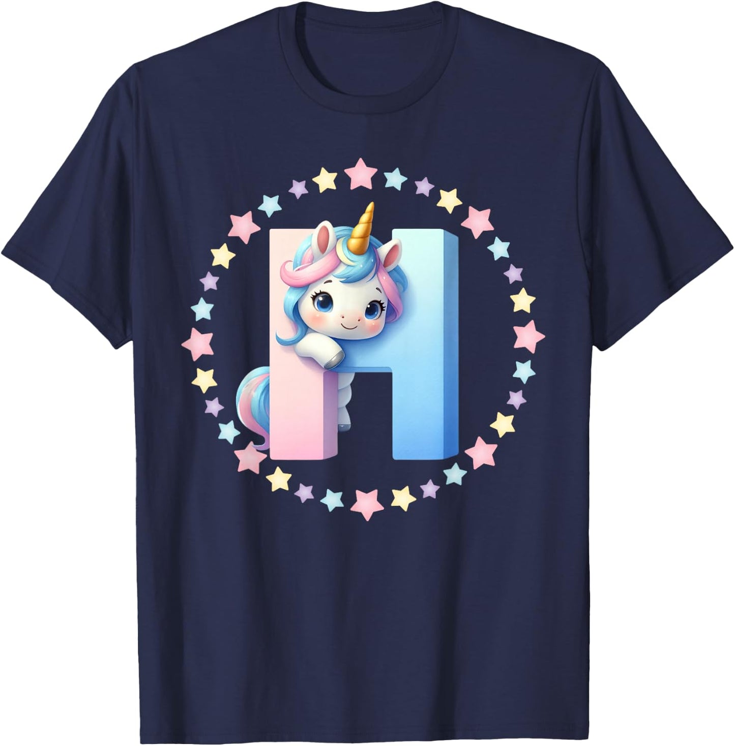Unicorn Letter H Initial Rainbow Monogram Women Girls Kids T-Shirt - T-Shirt | Navy
