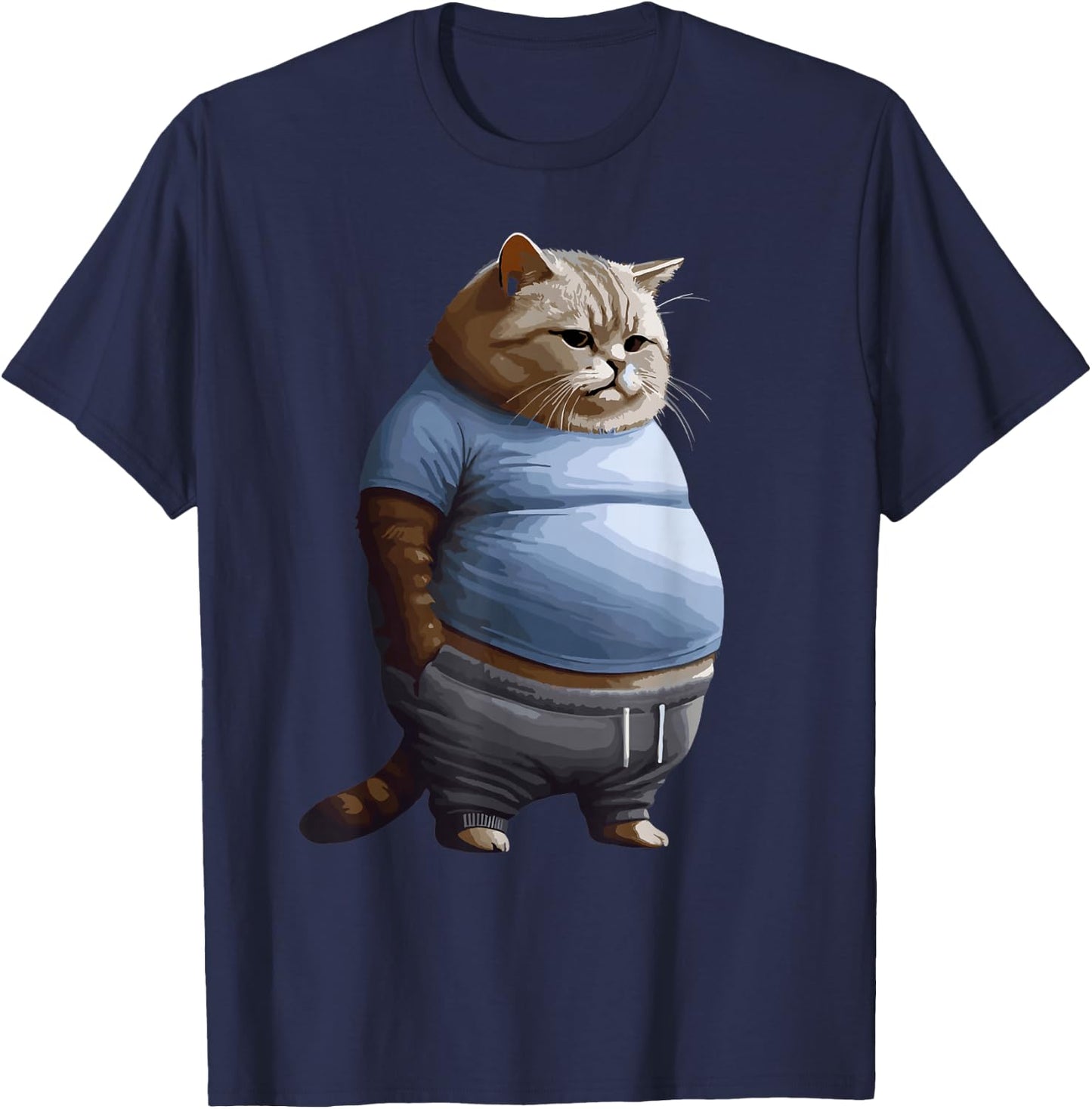 Funny Fat Sad Cat Art Design Fat Kitten Cat Lover Fat Cat T-Shirt - T-Shirt | Navy