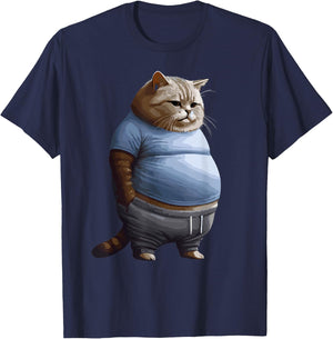 Funny Fat Sad Cat Art Design Fat Kitten Cat Lover Fat Cat T-Shirt - T-Shirt | Navy