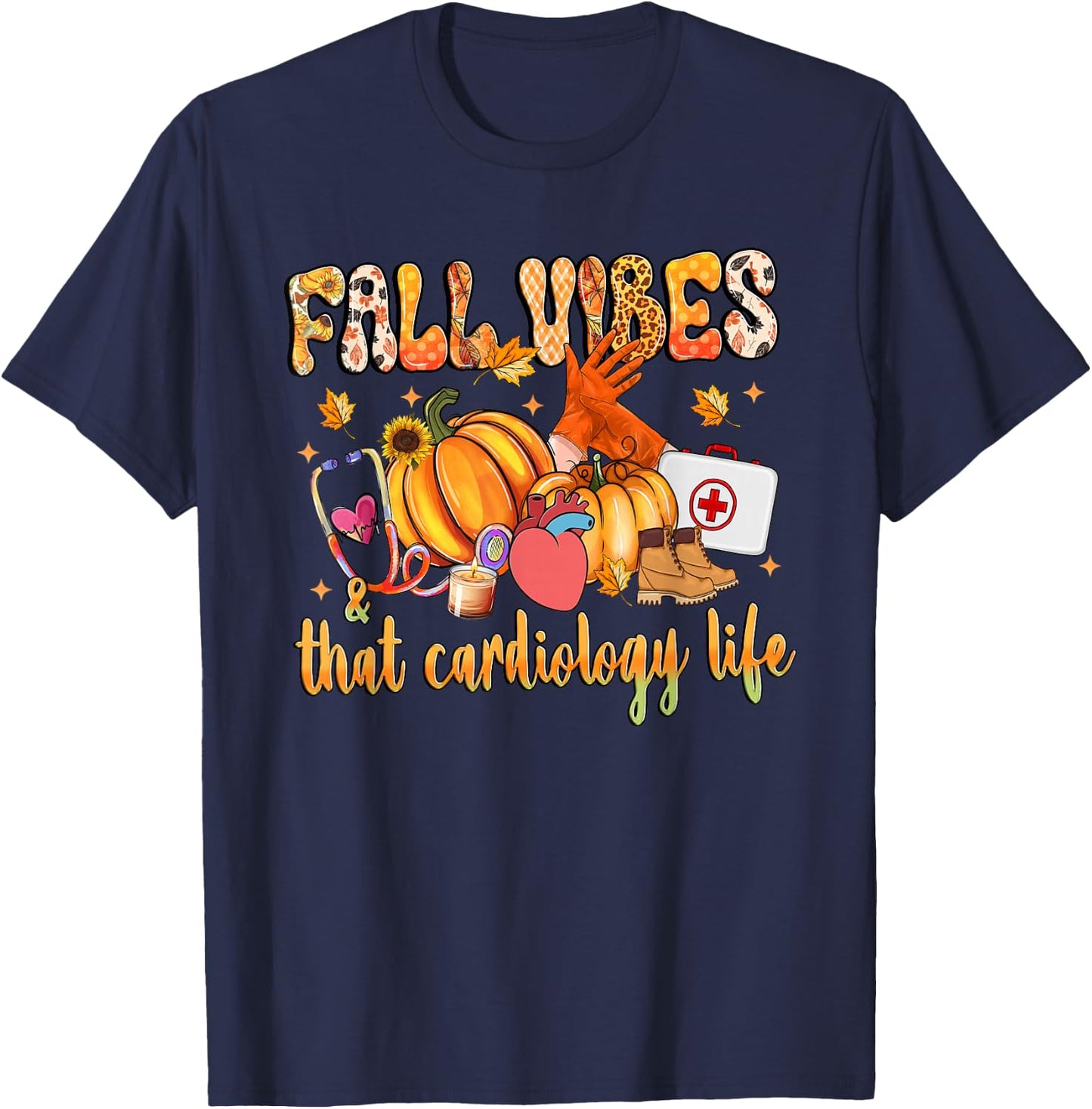 Fall Vibes & That Cardiology Life Pumpkin Leopard Gifts T-Shirt - T-Shirt | Navy