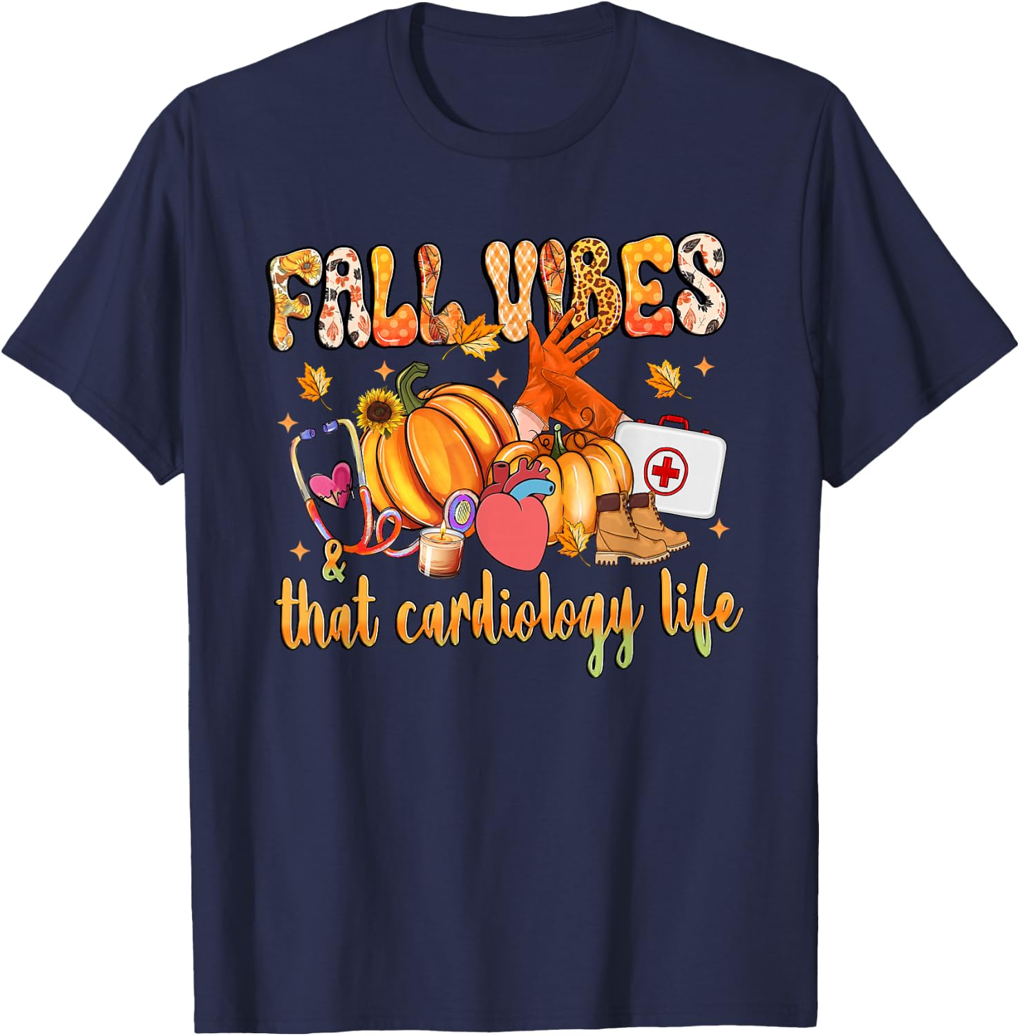 Fall Vibes & That Cardiology Life Pumpkin Leopard Gifts T-Shirt - T-Shirt | Navy
