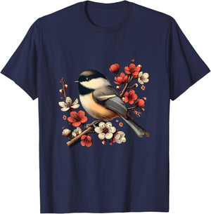 Bird Watching Nature Animal Vintage Blossom Chickadee T-Shirt - T-Shirt | Navy
