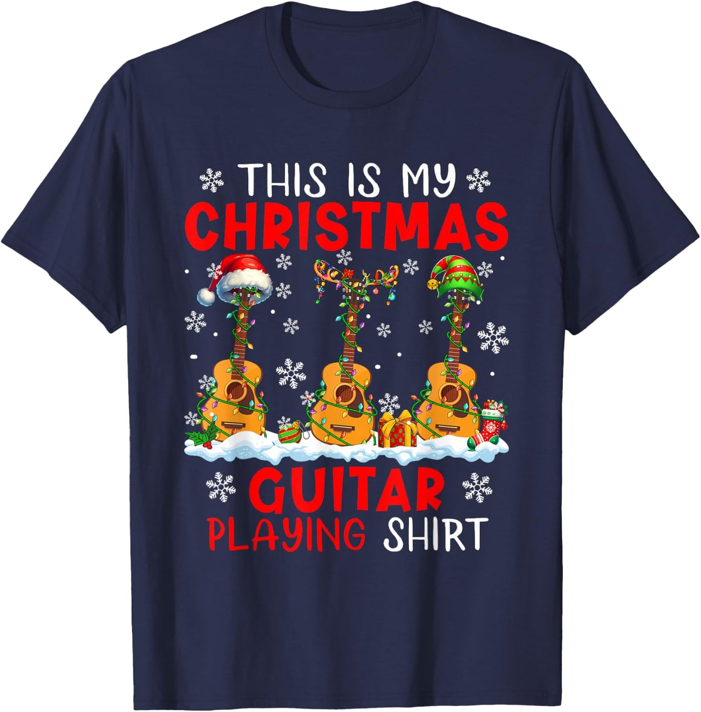 My Christmas Guitar Playing Shirt Three Santa Instruments T-Shirt - T-Shirt | Navy