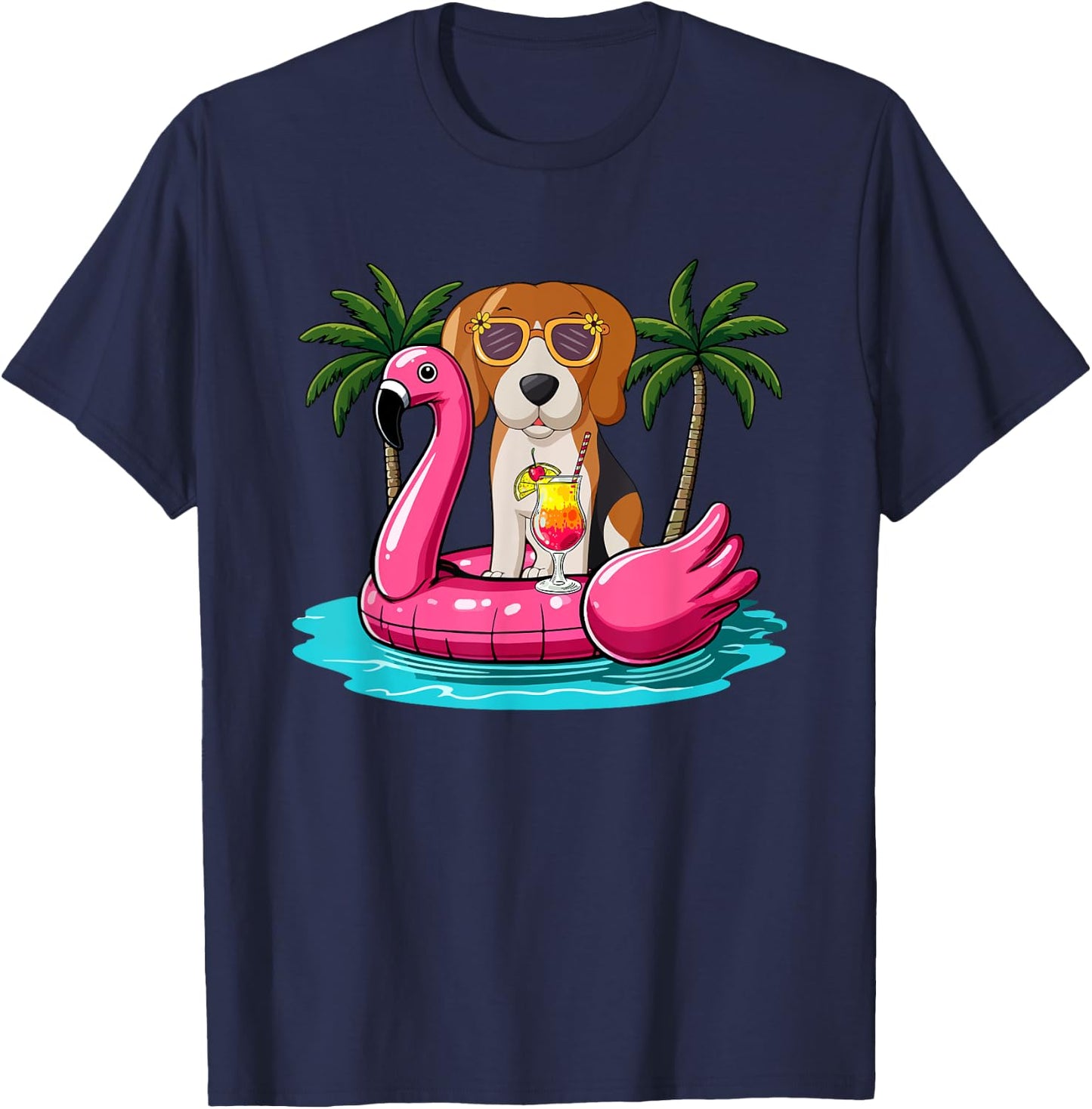 Beagle Sunglasses On Flamingo Cute Float Costume Summer T-Shirt - T-Shirt | Navy