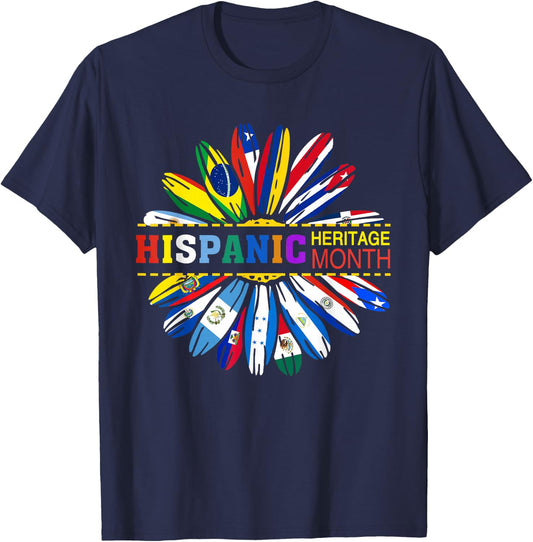 Sunflower Hispanic Heritage Month Latino Countries Flags T-Shirt - T-Shirt | Navy