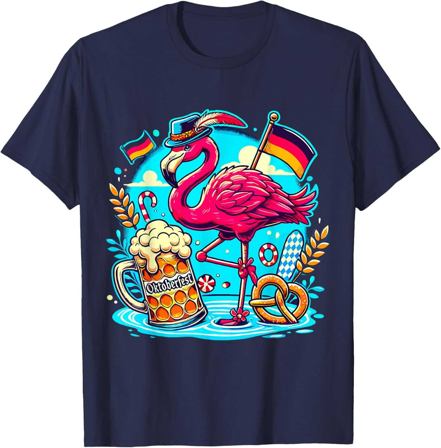 Octoberfest Flamingo Beer Germany Brezel Oktoberfest T-Shirt - T-Shirt | Navy