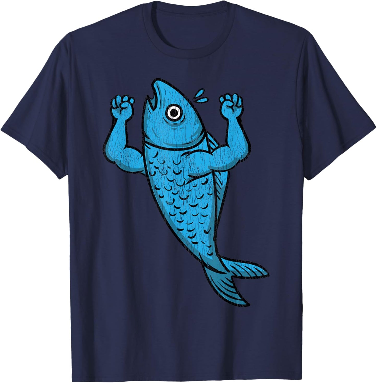 Fishy Flexing Fishy Flexing Cartoon Fish With Muscles T-Shirt - T-Shirt | Navy