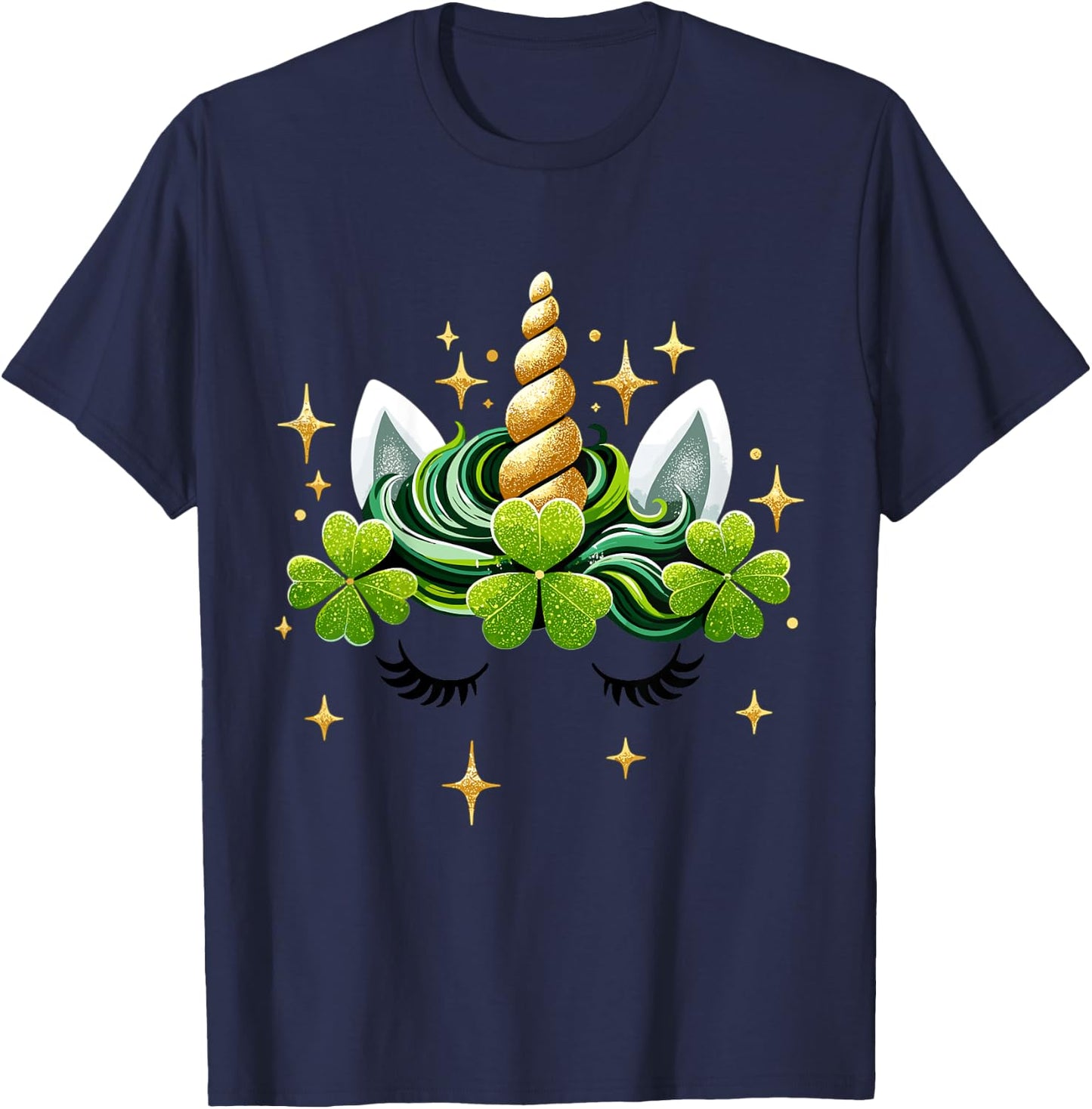 Kids Unicorn Face Shamrock St Patrick's Day Girl T-Shirt - T-Shirt | Navy