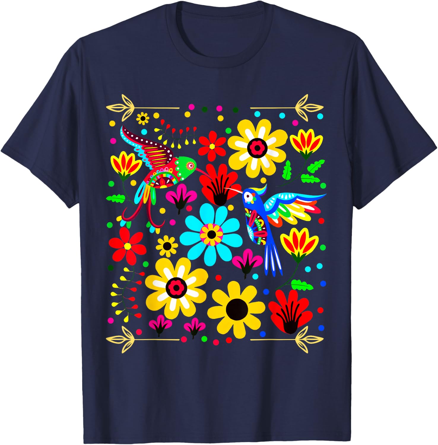 Floral Bird Otomi Mexican Style Mexicano Mexicana T-Shirt - T-Shirt | Navy
