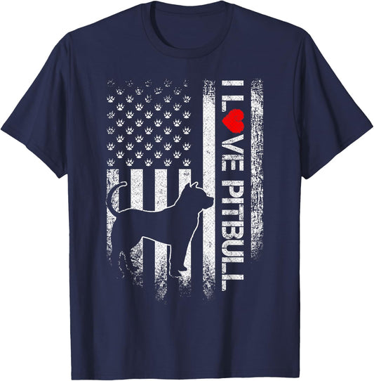 Vintage USA Flag I Love My Pitbull Dog Heart Funny Kids Men T-Shirt - T-Shirt | Navy