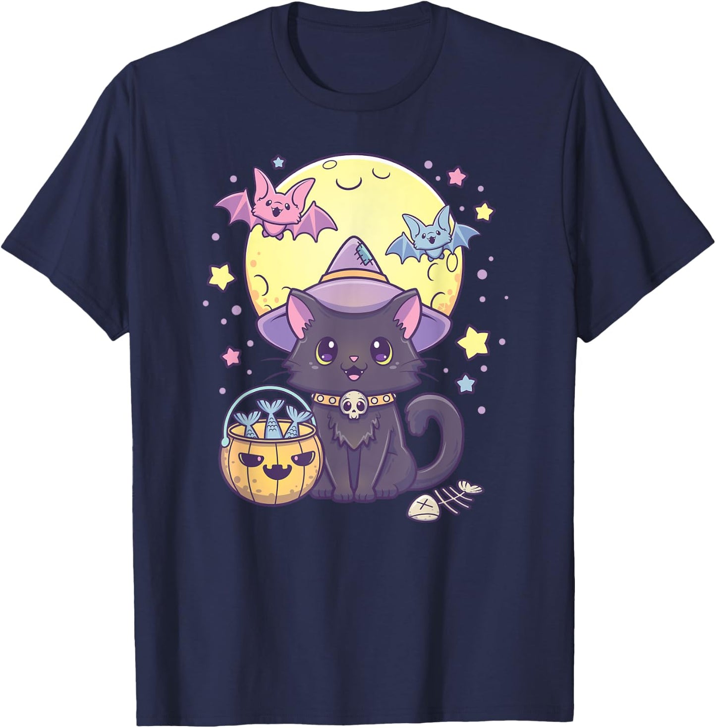 Kawaii Pastel Goth Cute Creepy Halloween Black Cat Witch Hat Men Women Kids T-Shirt - T-Shirt | Navy