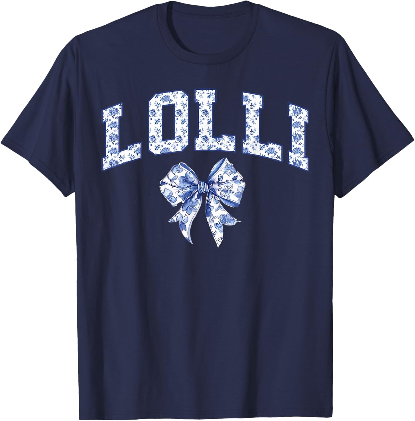 Lolli Coquette Toile Blue Bow Floral Family Matching T-Shirt - T-Shirt | Navy
