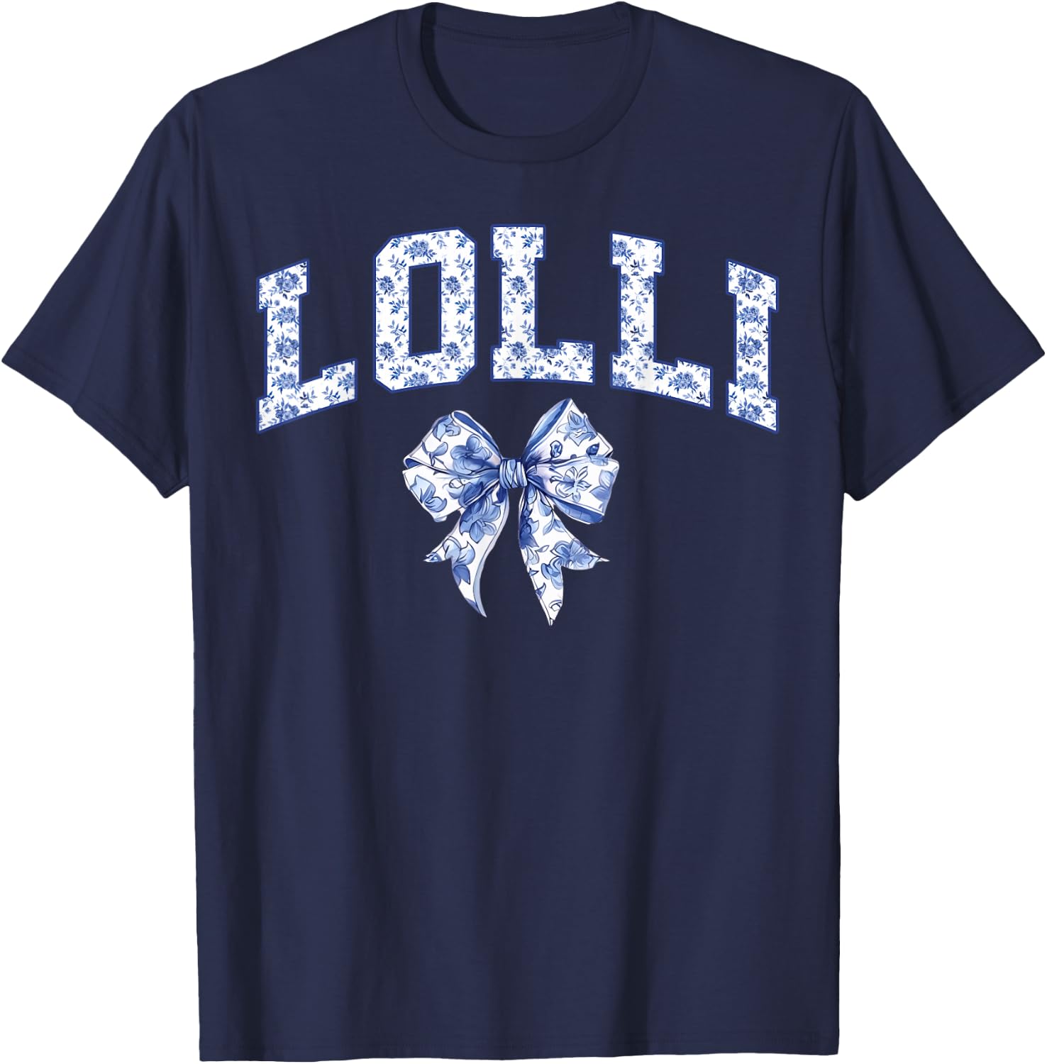Lolli Coquette Toile Blue Bow Floral Family Matching T-Shirt - T-Shirt | Navy