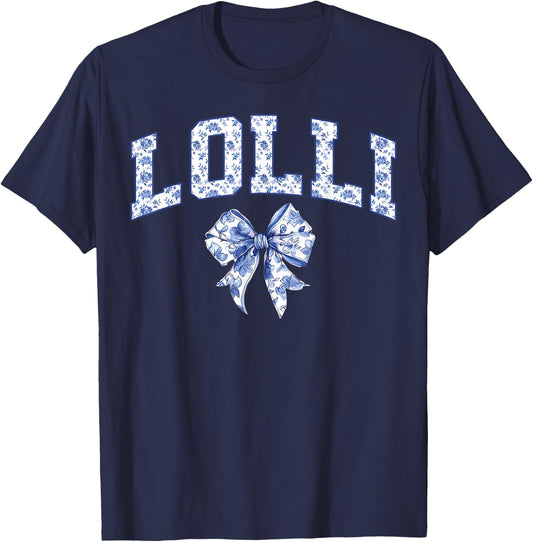 Lolli Coquette Toile Blue Bow Floral Family Matching T-Shirt - T-Shirt | Navy