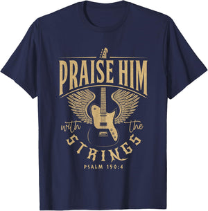 Praise Him Christian Guitar Players with Distressed Design T-Shirt - T-Shirt | Navy