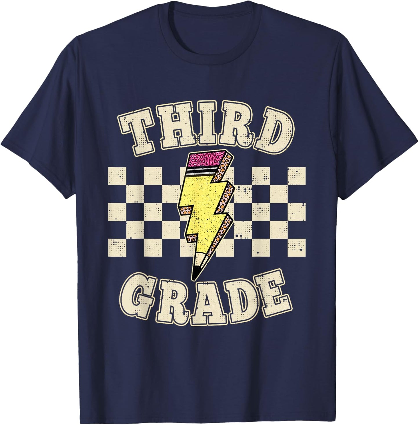 Retro Third Grade Teacher Lightning Bolt Pencil Teacher Kids T-Shirt - T-Shirt | Navy
