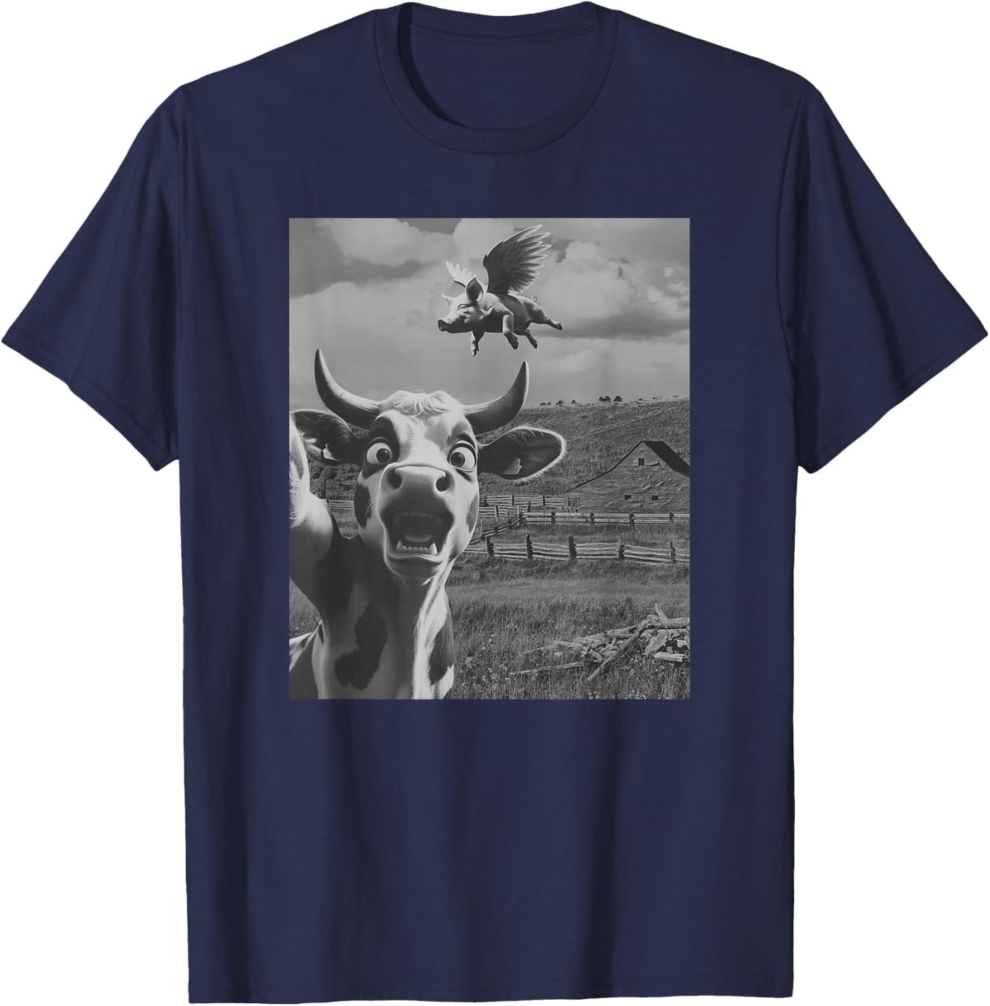 Cow Selfie With Flying Pigs Fly Funny Gift Women Kid T-Shirt - T-Shirt | Navy