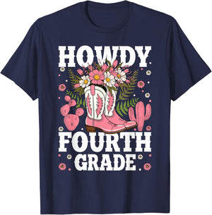 Howdy Fourth Grade Western 4th Grade Teacher Cowboy Cowgirl T-Shirt - T-Shirt | Navy