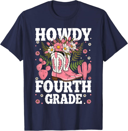 Howdy Fourth Grade Western 4th Grade Teacher Cowboy Cowgirl T-Shirt - T-Shirt | Navy